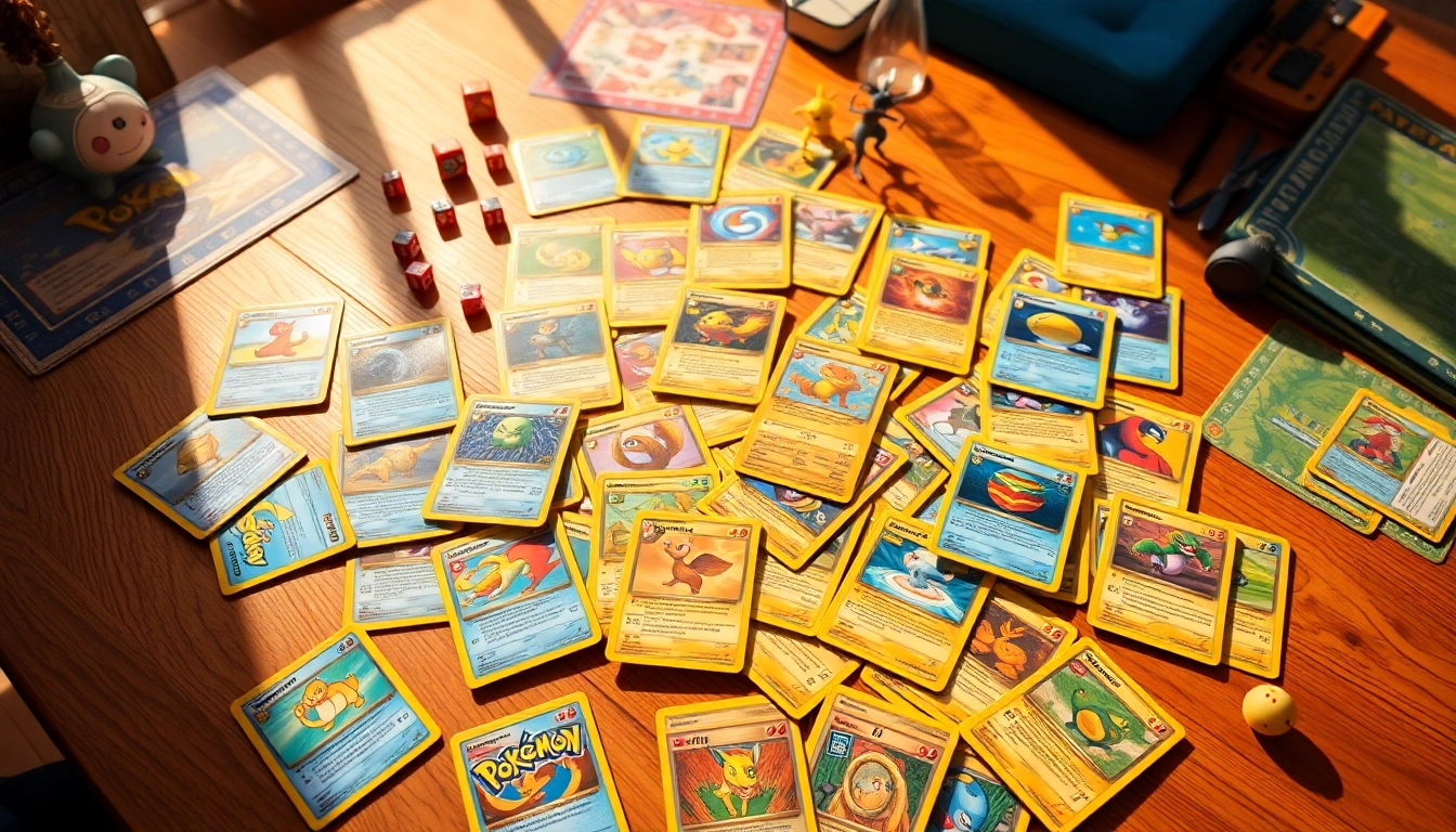 Display real Pokémon cards with vibrant colors and intricate designs on a wooden table surrounded by themed accessories.
