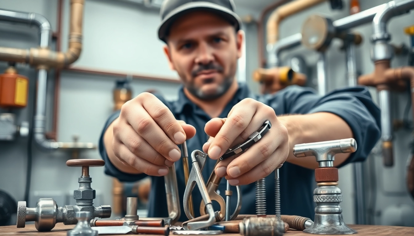Plumbing tools organized by a professional plumber in a bright workshop setting