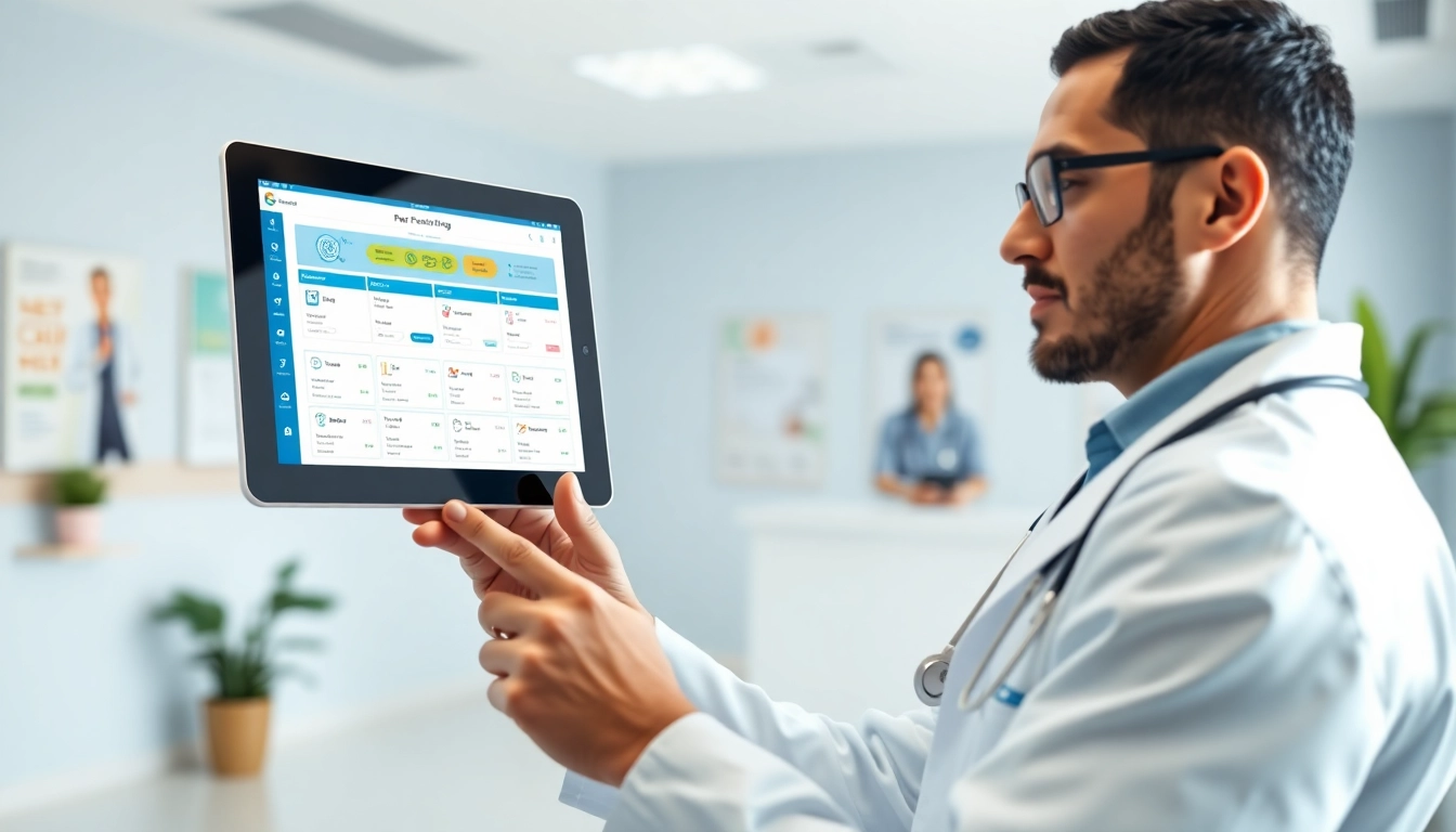 Engaging interface of eprescribing platforms on a doctor's tablet in a bright clinic environment.