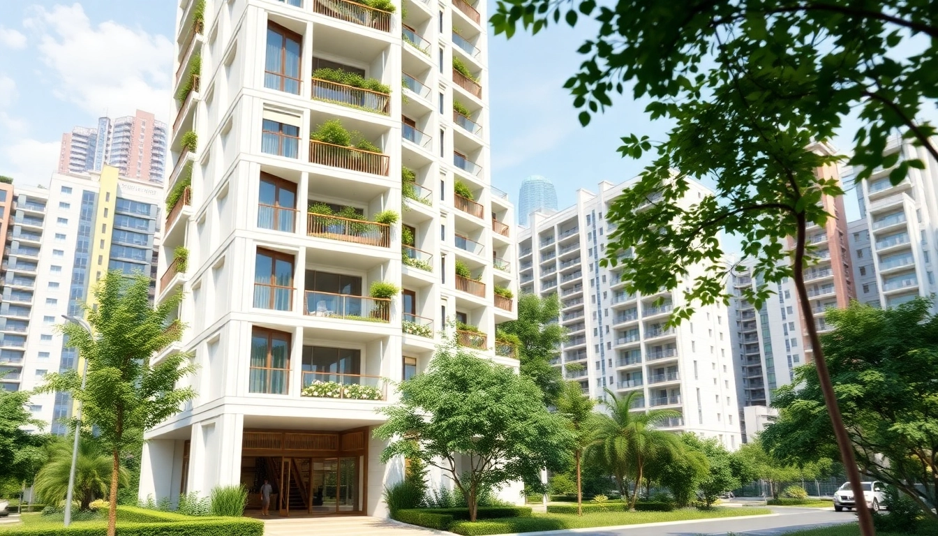 Architekturvisualisierung eines modernen Wohngebäudes in urbanem Umfeld mit lebendiger Umgebung