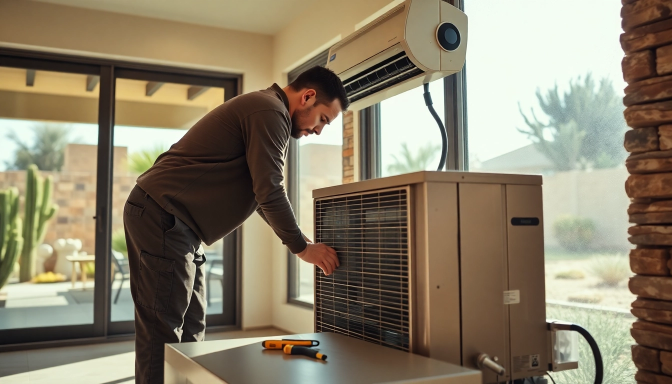 AC repair phoenix az technician servicing an air conditioning unit at a residential property.